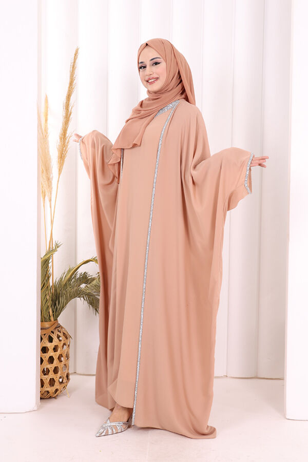 Taş İşleme Detay Elbiseli Pelerin Takım 8496 Vizon - 4