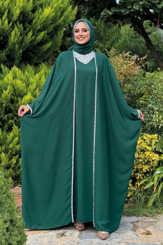 Taş İşleme Detay Elbiseli Pelerin Takım 8496 Zümrüt - Bym Fashion