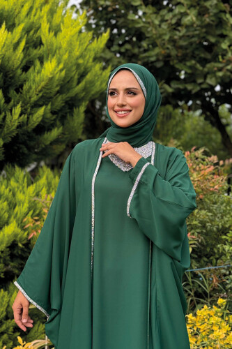 Taş İşleme Detay Elbiseli Pelerin Takım 8496 Zümrüt 