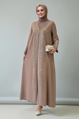 Pul İşlemeli Yelekli Elbise Takım 8498 Vizon - Bym Fashion