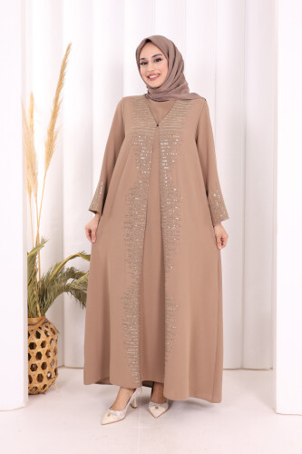 Pul İşlemeli Yelekli Elbise Takım 8498 Vizon - 1