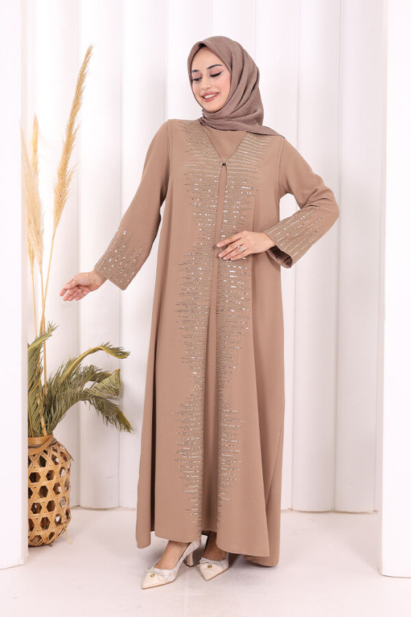 Pul İşlemeli Yelekli Elbise Takım 8498 Vizon - 2