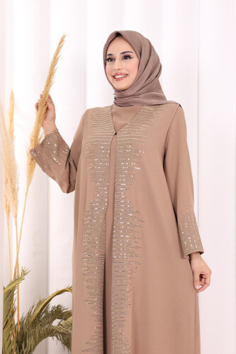 Pul İşlemeli Yelekli Elbise Takım 8498 Vizon - 5