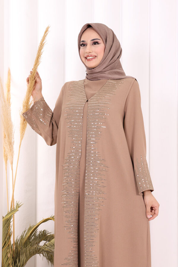 Pul İşlemeli Yelekli Elbise Takım 8498 Vizon - 5