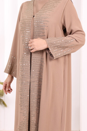 Pul İşlemeli Yelekli Elbise Takım 8498 Vizon - 6