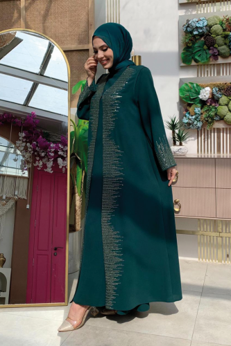 Pul İşlemeli Yelekli Elbise Takım 8498 Zümrüt - 3