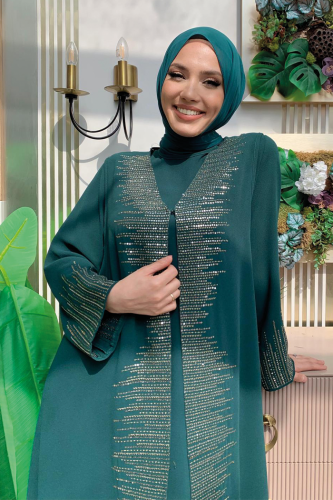 Pul İşlemeli Yelekli Elbise Takım 8498 Zümrüt - 4