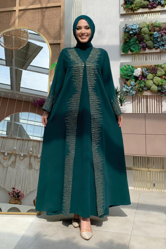 Pul İşlemeli Yelekli Elbise Takım 8498 Zümrüt - Bym Fashion