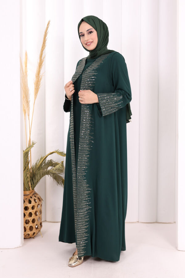 Pul İşlemeli Yelekli Elbise Takım 8498 Zümrüt - 3