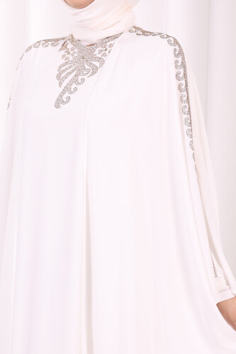Taş İşlemeli Elbiseli Abaya Takım 8499 Ekru - 7