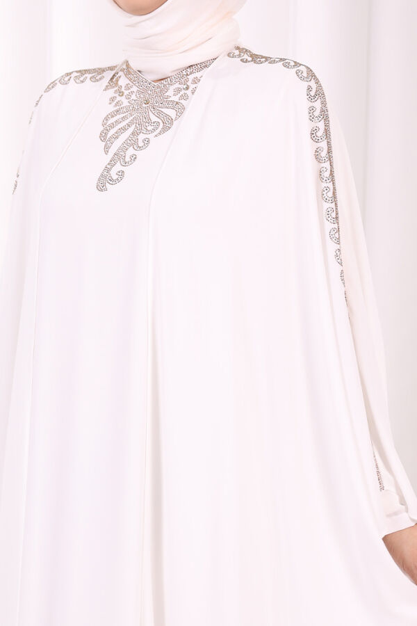 Taş İşlemeli Elbiseli Abaya Takım 8499 Ekru - 7