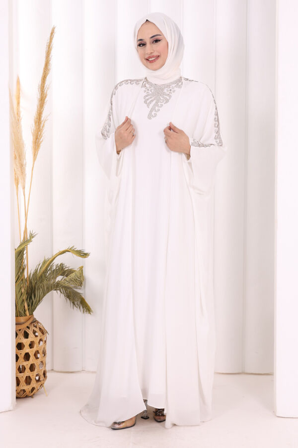 Taş İşlemeli Elbiseli Abaya Takım 8499 Ekru - 1