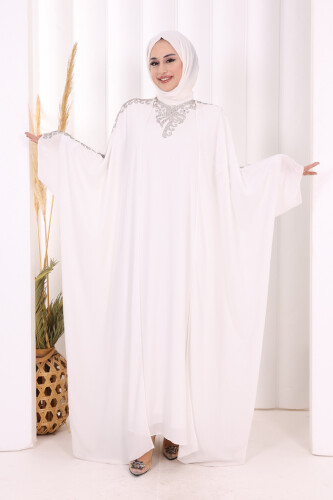 Taş İşlemeli Elbiseli Abaya Takım 8499 Ekru - 2