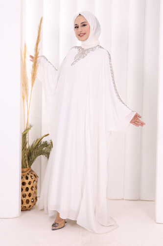 Taş İşlemeli Elbiseli Abaya Takım 8499 Ekru - 3