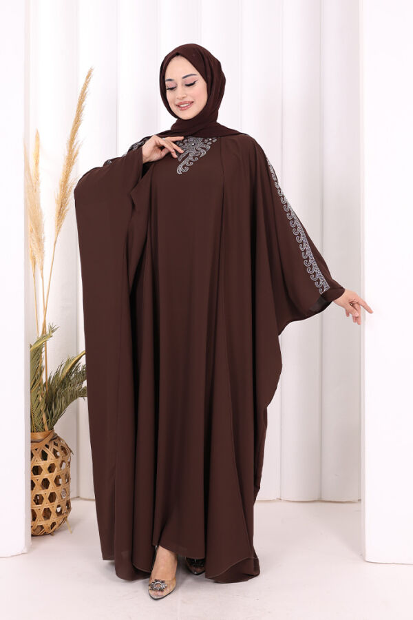 Taş İşlemeli Elbiseli Abaya Takım 8499 Kahverengi - 2