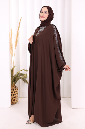 Taş İşlemeli Elbiseli Abaya Takım 8499 Kahverengi - 5