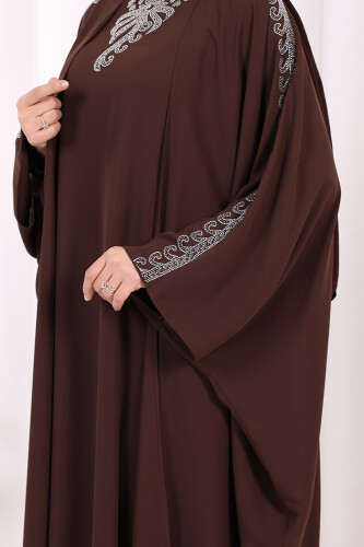 Taş İşlemeli Elbiseli Abaya Takım 8499 Kahverengi - 7