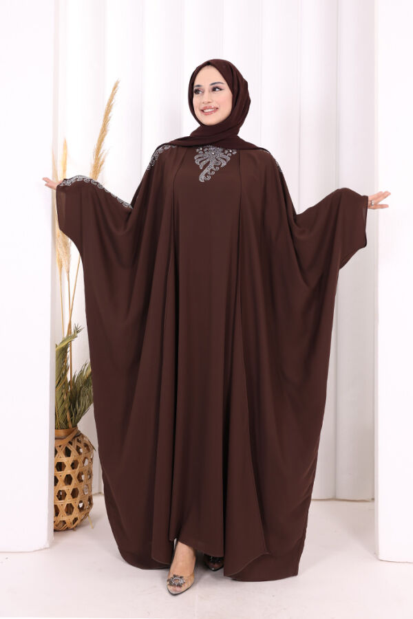 Taş İşlemeli Elbiseli Abaya Takım 8499 Kahverengi - 1