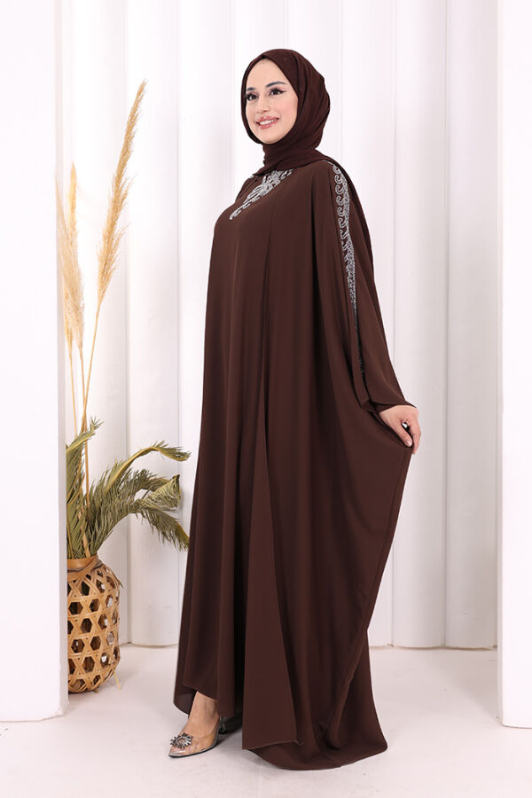Taş İşlemeli Elbiseli Abaya Takım 8499 Kahverengi - 3