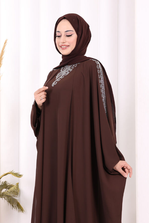 Taş İşlemeli Elbiseli Abaya Takım 8499 Kahverengi - 6