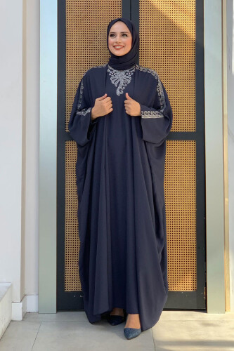 Taş İşlemeli Elbiseli Abaya Takım 8499 Lacivert - Bym Fashion