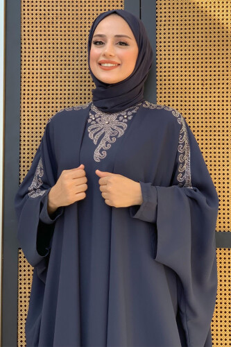 Taş İşlemeli Elbiseli Abaya Takım 8499 Lacivert - 4