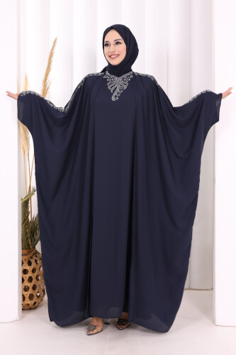 Taş İşlemeli Elbiseli Abaya Takım 8499 Lacivert 