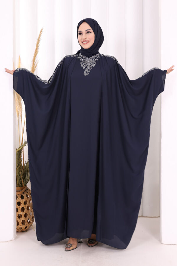 Taş İşlemeli Elbiseli Abaya Takım 8499 Lacivert - 1