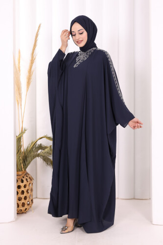 Taş İşlemeli Elbiseli Abaya Takım 8499 Lacivert - 2