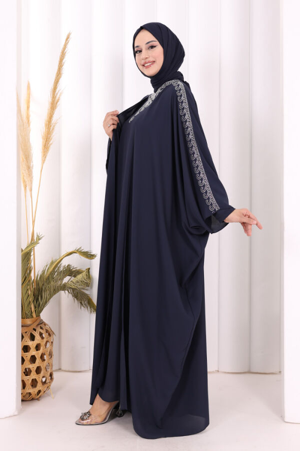 Taş İşlemeli Elbiseli Abaya Takım 8499 Lacivert - 3
