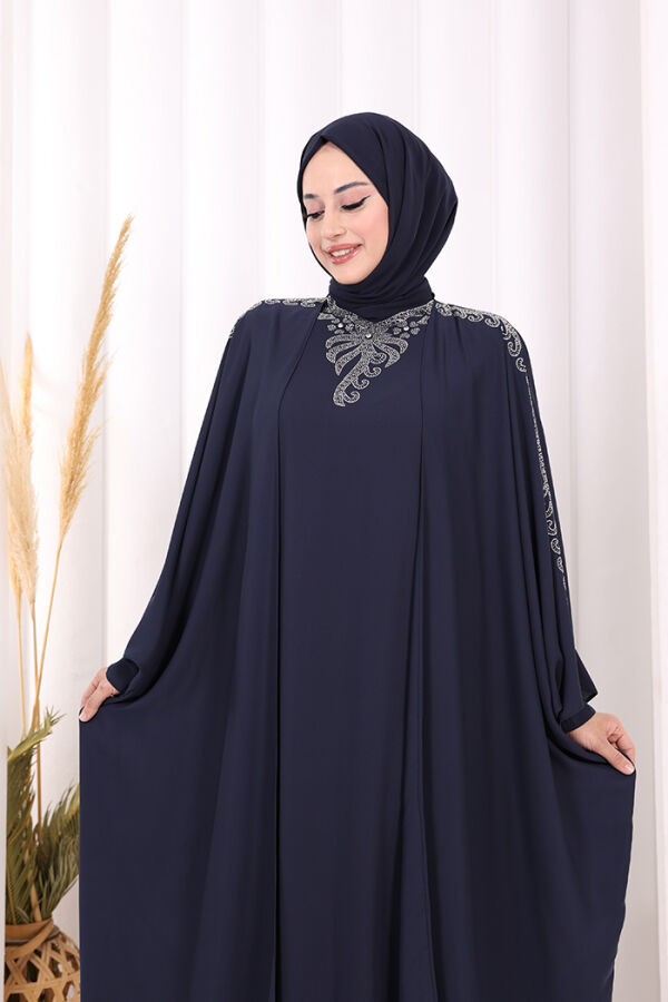 Taş İşlemeli Elbiseli Abaya Takım 8499 Lacivert - 5