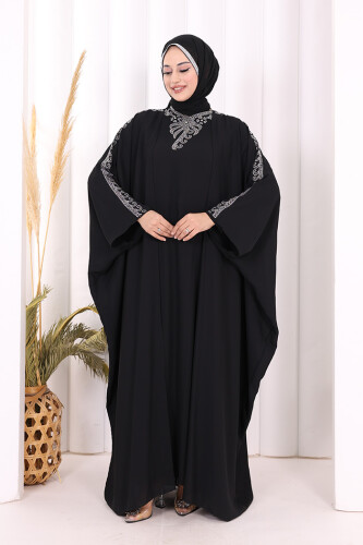 Taş İşlemeli Elbiseli Abaya Takım 8499 Siyah 