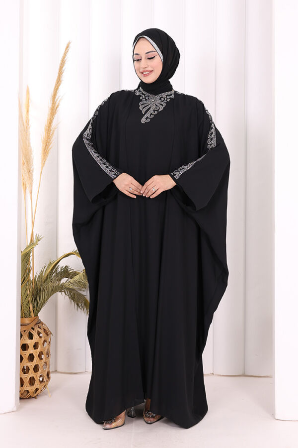 Taş İşlemeli Elbiseli Abaya Takım 8499 Siyah - 1