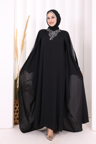 Taş İşlemeli Elbiseli Abaya Takım 8499 Siyah - 2