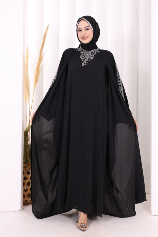 Taş İşlemeli Elbiseli Abaya Takım 8499 Siyah - 2