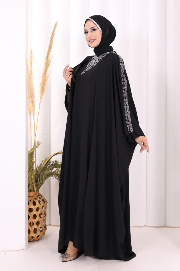 Taş İşlemeli Elbiseli Abaya Takım 8499 Siyah - 3