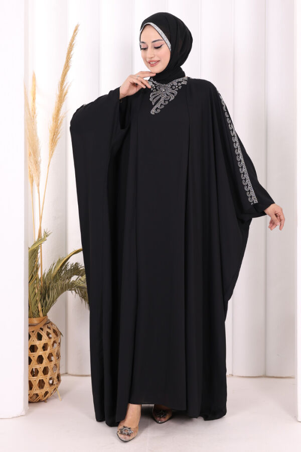 Taş İşlemeli Elbiseli Abaya Takım 8499 Siyah - 4