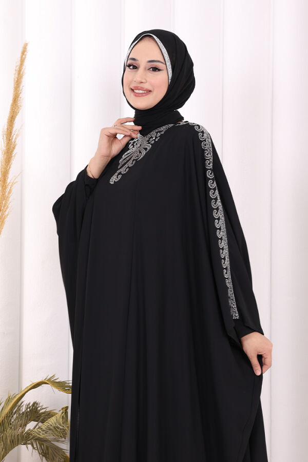 Taş İşlemeli Elbiseli Abaya Takım 8499 Siyah - 6