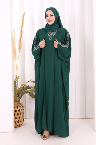Taş İşlemeli Elbiseli Abaya Takım 8499 Zümrüt 
