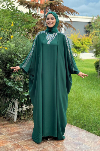 Taş İşlemeli Elbiseli Abaya Takım 8499 Zümrüt - Bym Fashion