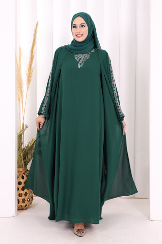 Taş İşlemeli Elbiseli Abaya Takım 8499 Zümrüt - 2