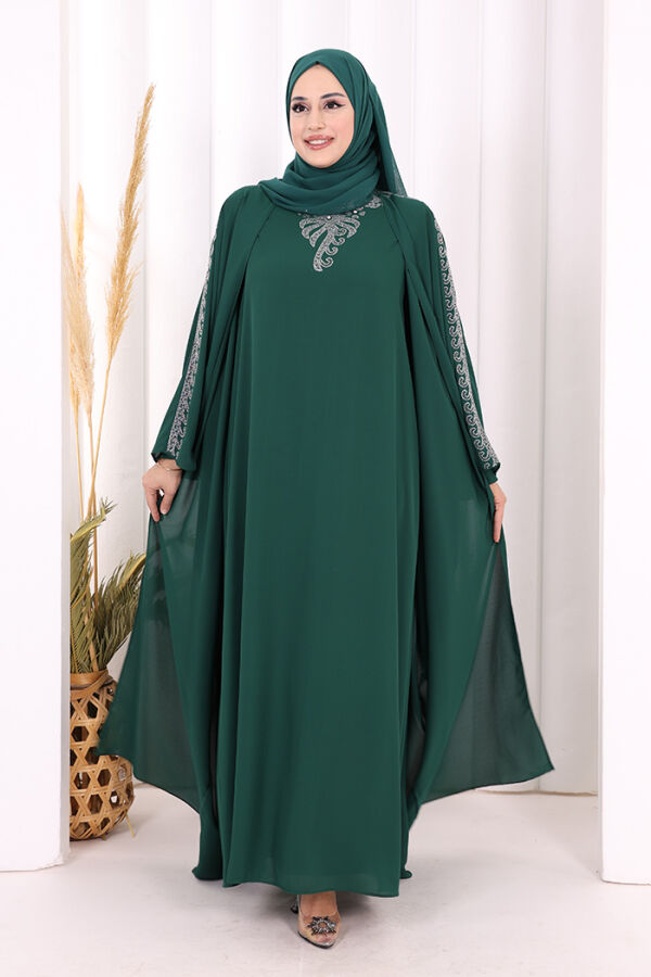 Taş İşlemeli Elbiseli Abaya Takım 8499 Zümrüt - 2