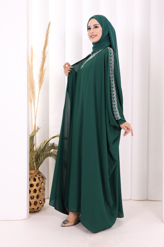 Taş İşlemeli Elbiseli Abaya Takım 8499 Zümrüt - 3