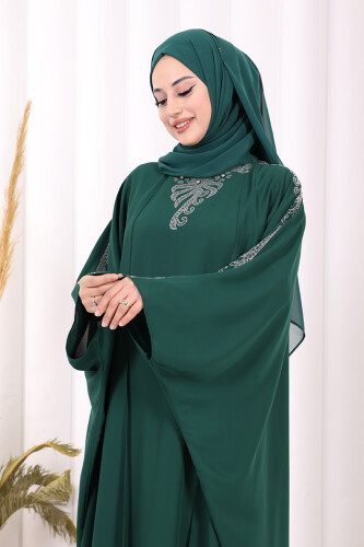 Taş İşlemeli Elbiseli Abaya Takım 8499 Zümrüt - 5