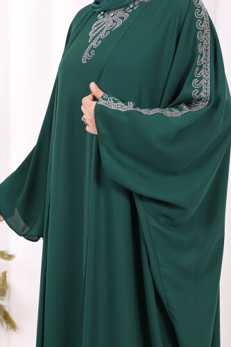 Taş İşlemeli Elbiseli Abaya Takım 8499 Zümrüt - 6