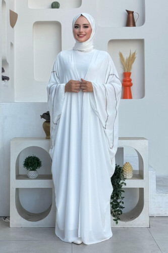 Taş İşleme Detaylı Abayalı Elbise Takım 8500 Ekru - Bym Fashion