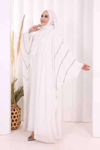 Taş İşleme Detaylı Abayalı Elbise Takım 8500 Ekru - 7