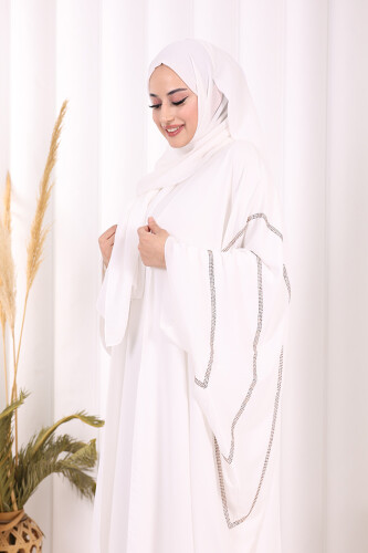 Taş İşleme Detaylı Abayalı Elbise Takım 8500 Ekru - 2