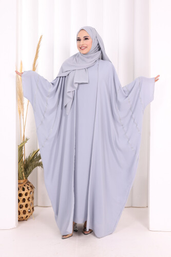 Taş İşleme Detaylı Abayalı Elbise Takım 8500 Gri 