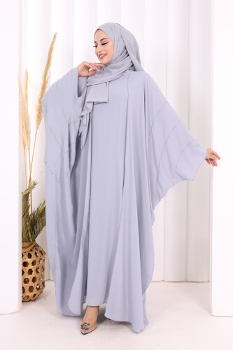 Taş İşleme Detaylı Abayalı Elbise Takım 8500 Gri - 2